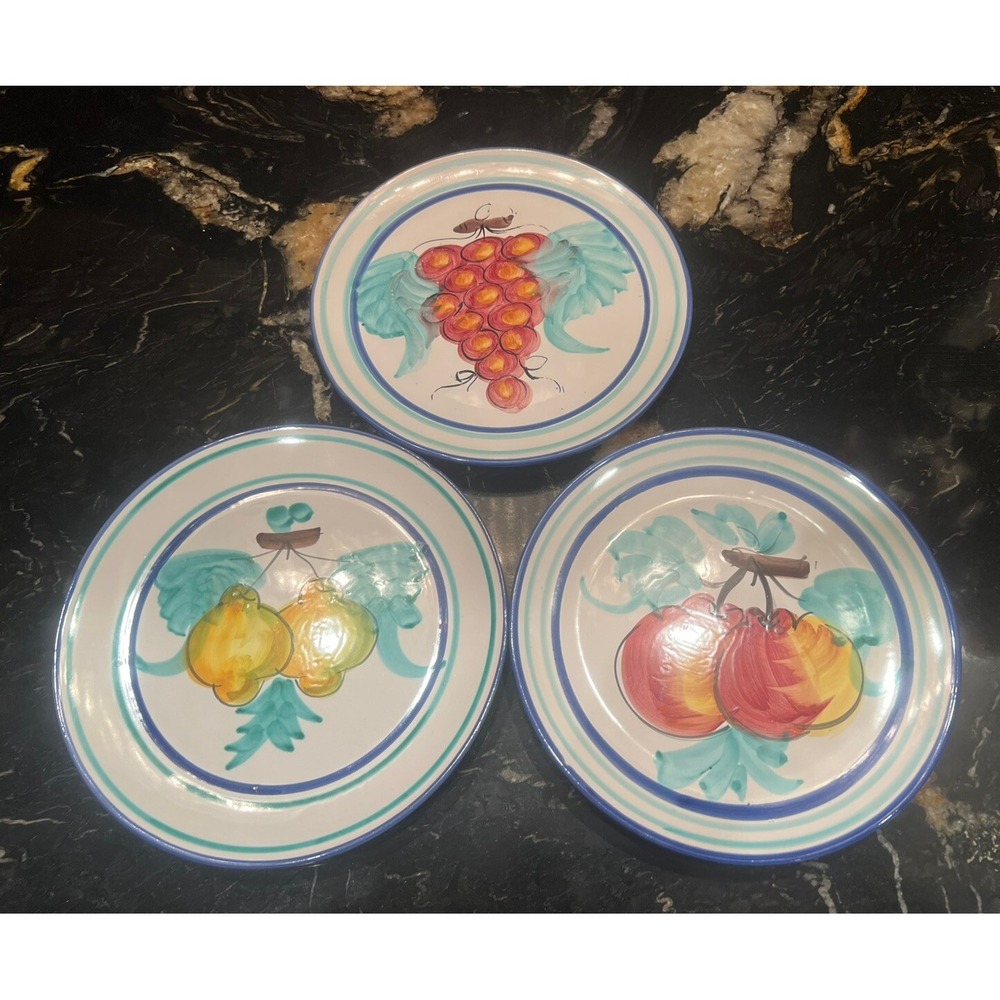 Vintage Vietri Hand Painted Plates Buon Giorno Fruit Apples Lemon Grapes 9.75"